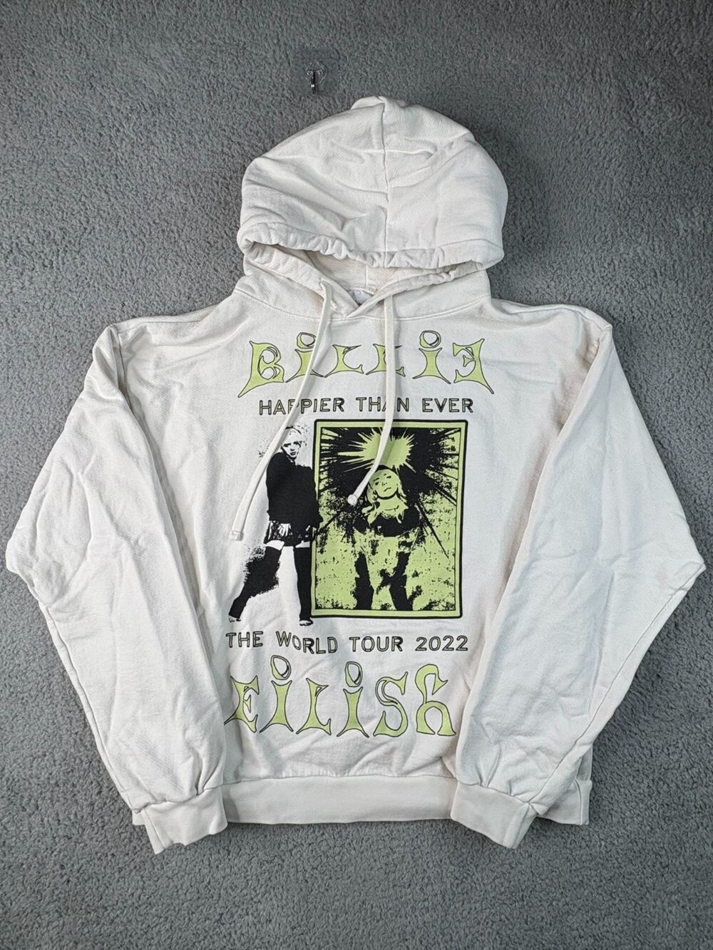 Billie Eilish Hoodie Men's Small White Happier Than Ever World Tour 2022 Graphic